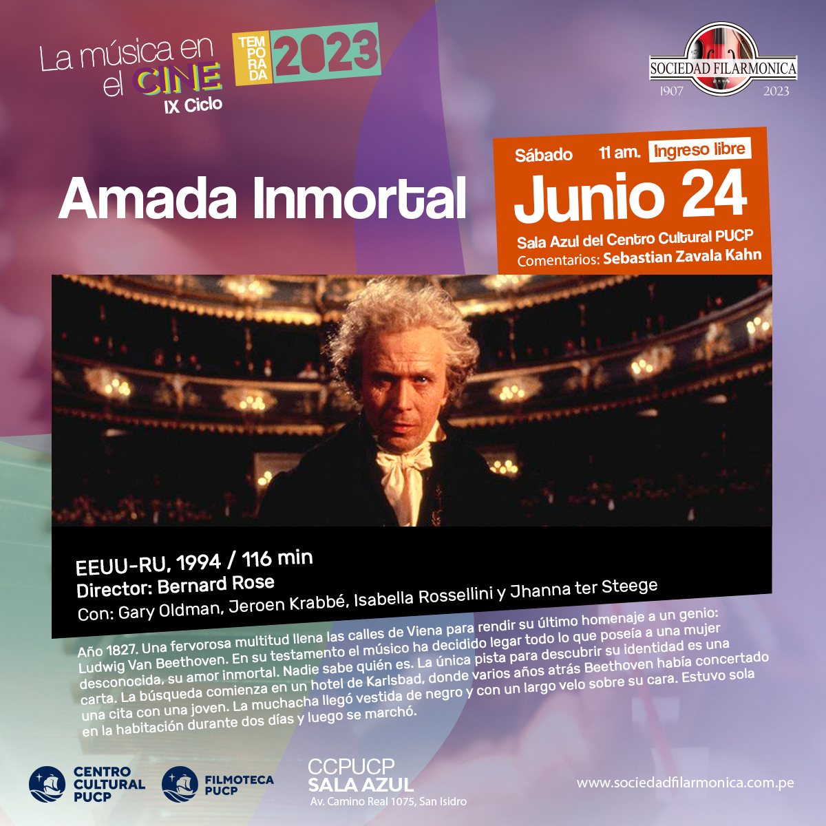 SociFilarmonica's tweet photo. Este sàbado 24 a las 11 a.m. Sala Azul del Centro Cultural PUCP continùa el ciclo LA MUSICA EN EL CINE que organizan la Sociedad Filarmònica de Lima y la Filmoteca PUCP en colaboraciòn con el CC PUCP. Ingreso libre, capacidad limitada.  #CineYMusica #Beethoven #ccpucp #GaryOldman https://t.co/flrOfvyCRd