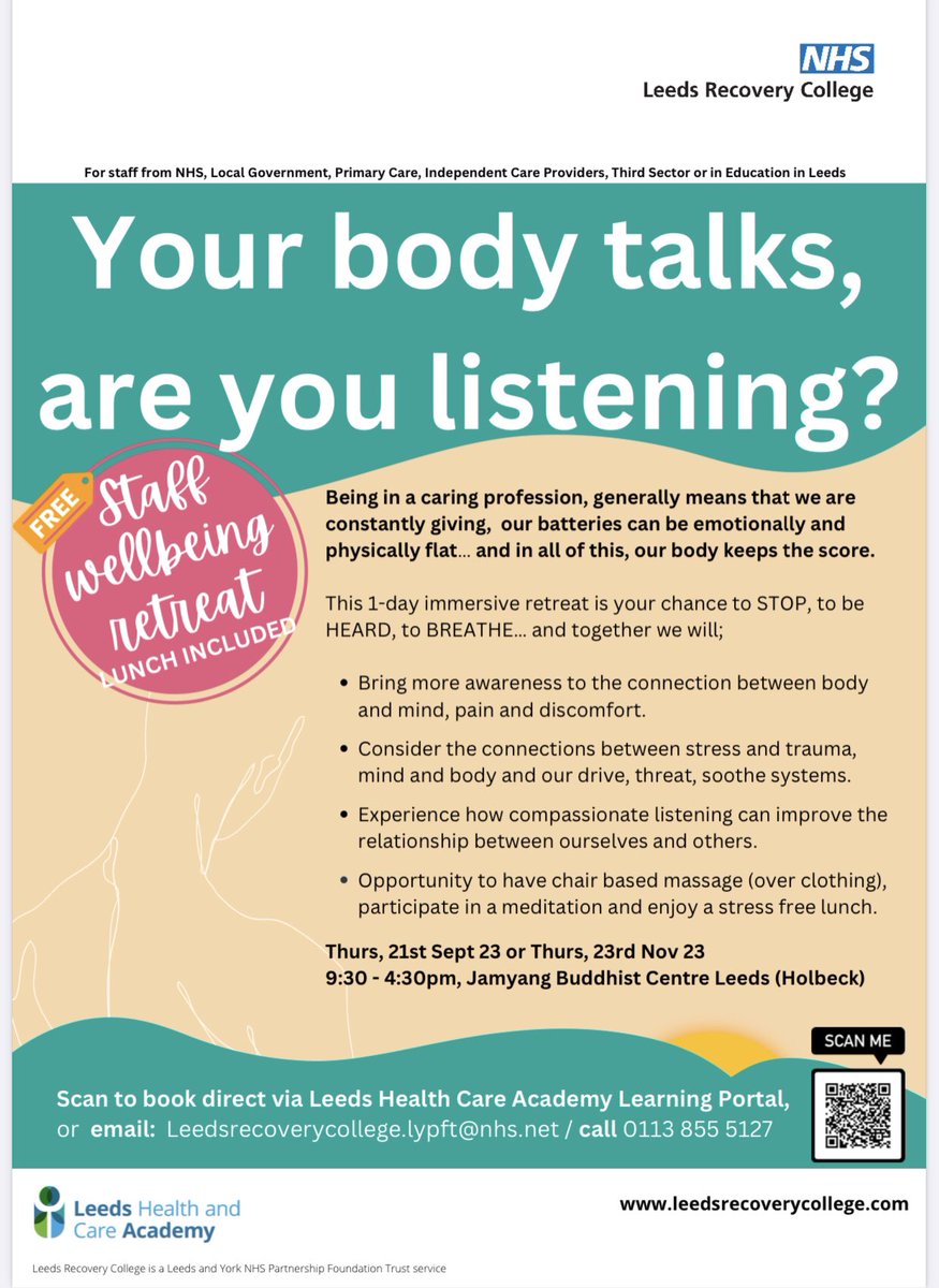 For ALL Leeds NHS, LA or third sector staff incl volunteers 🙌🏾 Come and join myself and Gerry Andrews @JamyangLeeds for our next Wellbeing Retreat day 😊👌 21st Sept 9:30- 4:30 💥YOUR BODY TALKS - ARE YOU LISTENING?💥 @LeedsHCP @LCHNHSTrust @MyForumCentral @LeedsHCAcademy