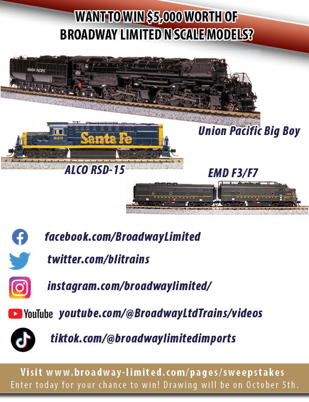 BLITrains's tweet photo. Did you know that you have multiple ways to enter our thrilling N Scale sweepstakes? It's true!

In addition to submitting your email, you can also boost your chances of winning by following, liking, or subscribing to us on our various social media platforms. https://t.co/zq1nGKQQYh