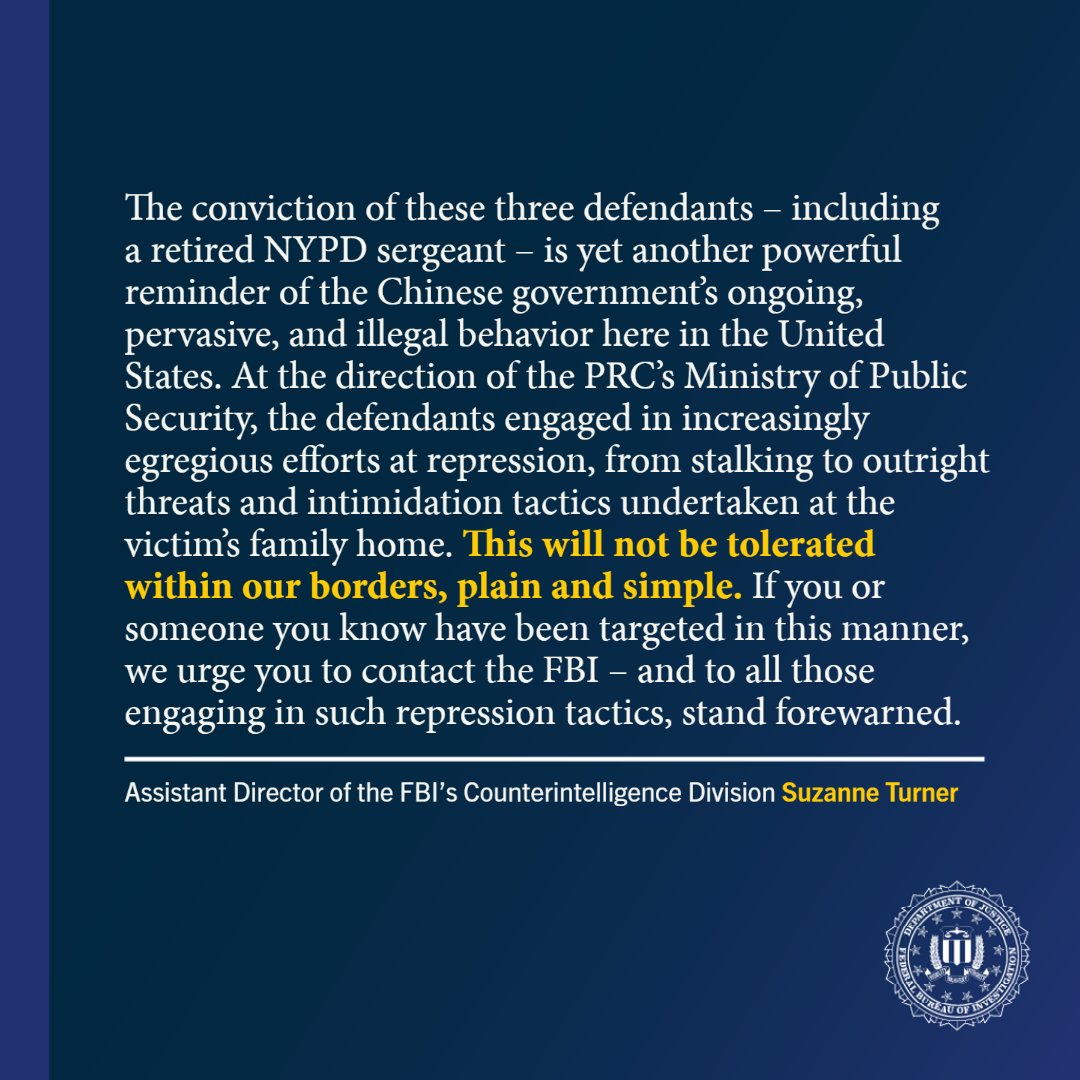 Federal Jury Convicts Three Defendants of Interstate Stalking of Chinese Nationals in the United States and Two Defendants of Acting or Conspiring to Act on Behalf of the People’s Republic of China. Read at: fbi.gov/news/press-rel…