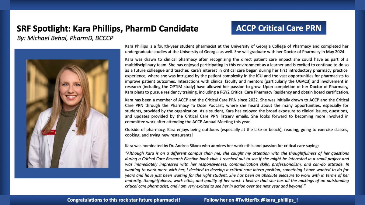 Congrats to Kara Phillips, P4, who was recently highlighted in the ACCP Critical Care PRN quarterly  spotlight.
facebook.com/photo?fbid=715…