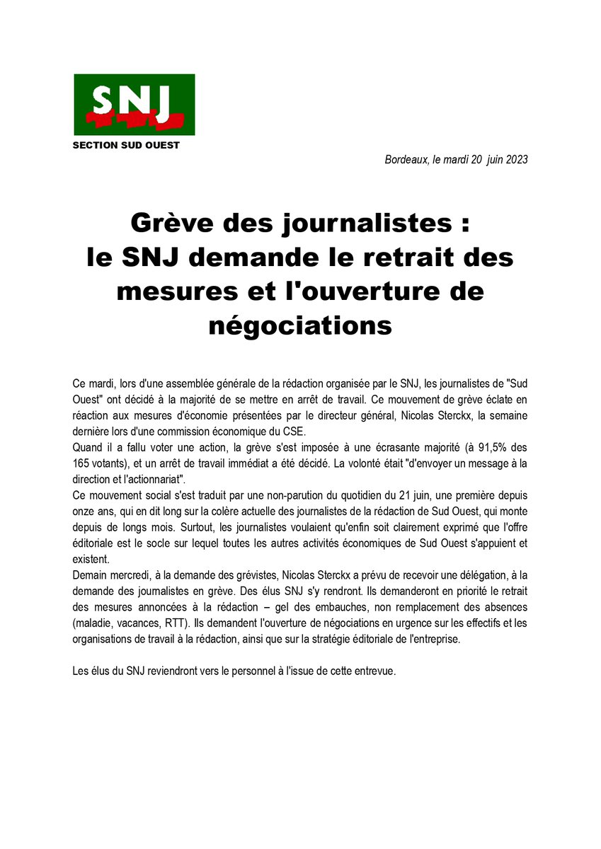 Grève des journalistes à "Sud Ouest" : le <a href="/SNJ_Sudouest/">SNJ SudOuest</a> demande le retrait des mesures et l'ouverture de négociations