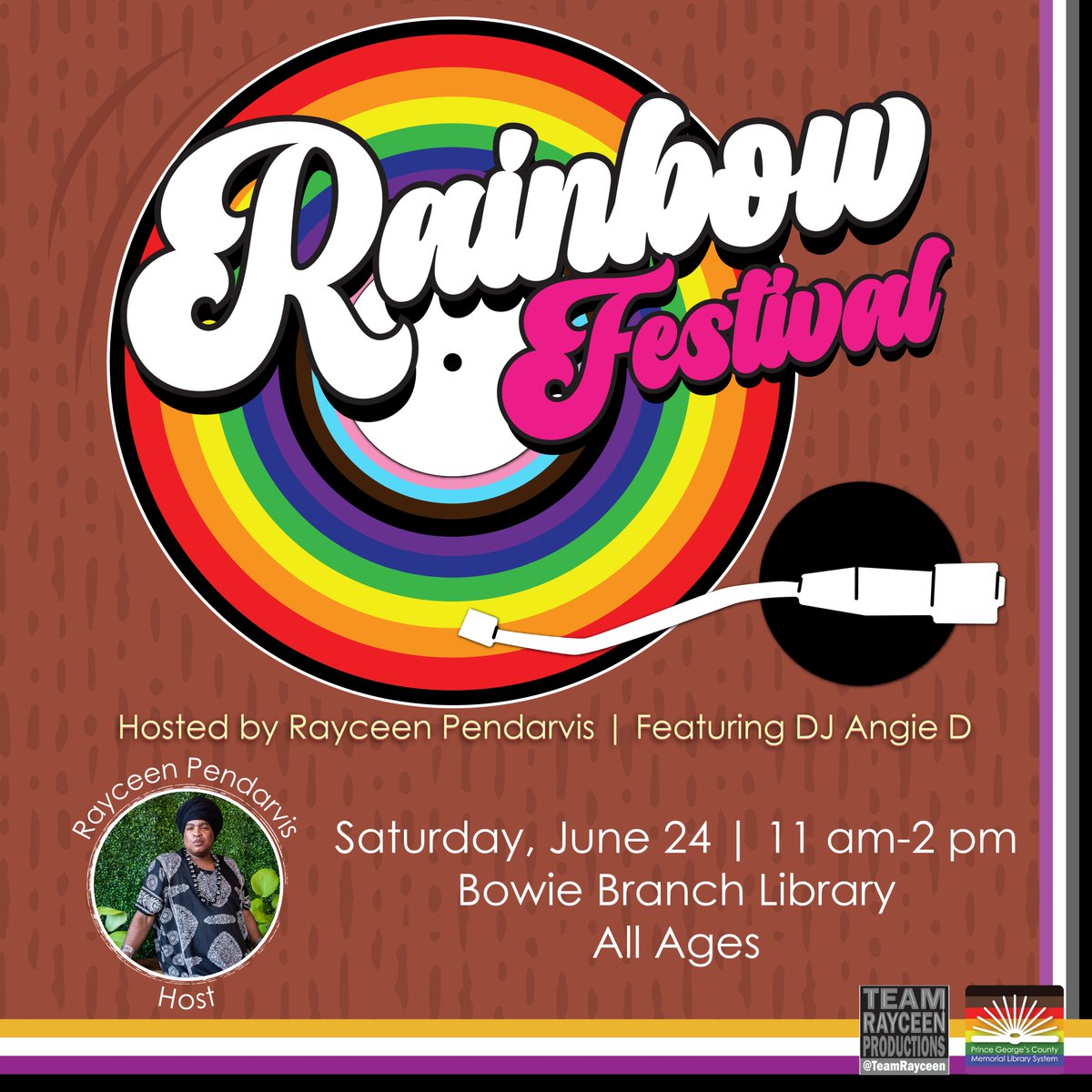 Saturday, June 24: Rainbow Festival, 11am to 2pm, <a href="/PGCMLS/">Prince George's County Memorial Library System</a> Bowie Branch Library.
Host: Rayceen Pendarvis <a href="/RayceenHRH/">Rayceen Pendarvis, HRH 👑</a>
🆓
Please register: Rayceen.com