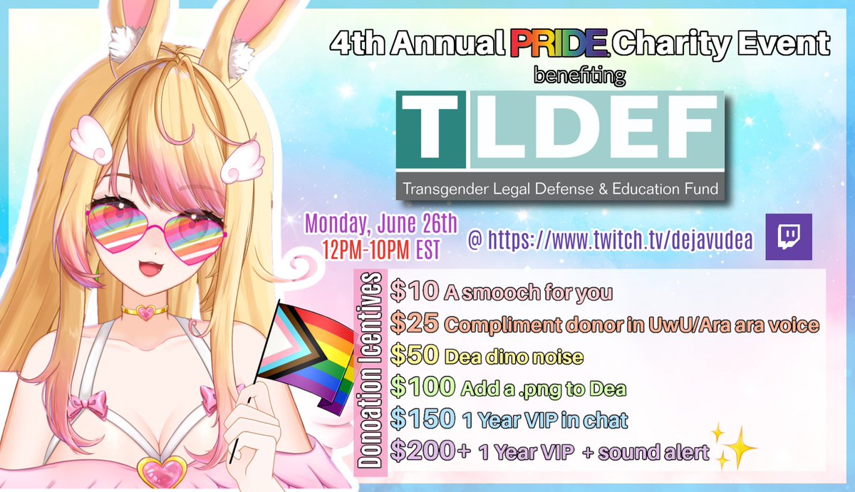 Dejavudea's tweet image. Super excited to announce our fourth annual Pride charity event! ♡ This year we&apos;ll be raising funds for @TLDEF! 

This 𝗧𝗘𝗡 𝗛𝗢𝗨𝗥 stream will be filled with chaos, laughs, and good times! 

Donation Goals coming soon, for now peep these incentives! 👀

#Vtuber 🌈 #ENVtuber