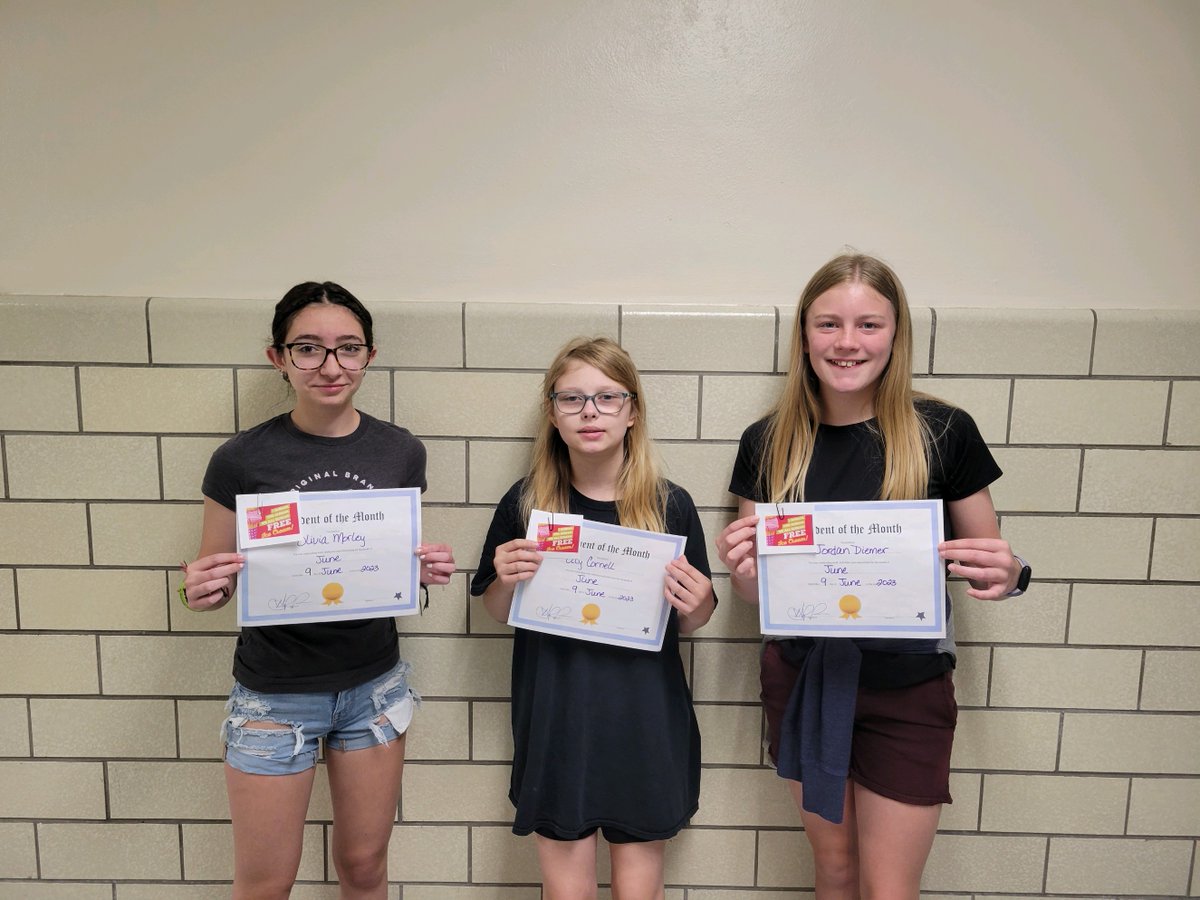 Congratulations to our final middle school Students of the Month. 

May
Lauren Stevens- 6th Grade
Lily Capalupo- 7th Grade
Nick Zandt- 8th Grade

June
Jordan Diemer- 6th Grade
Lily Cornell- 7th Grade
Olivia Morley- 8th Grade