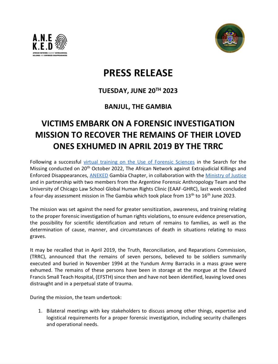 Gambia_MOJ's tweet photo. PRESS RELEASE!
Victims Embark on a Forensic Investigation Mission to Recover the Remains of their Loved Ones Exhumed in April, 2019 by the TRRC.
#TRRC
#EnforcedDisapperance
#Gambia https://t.co/HIUeUiyzmt