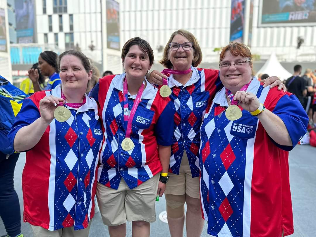 Congratulations to the  Special Olympics USA bowling team. Kelly Schneider , Deborah Albers , Dawn Pacheco and Heather J Stgermain on talking home Gold today in team competition! So proud of all of you! #Cheer4USA