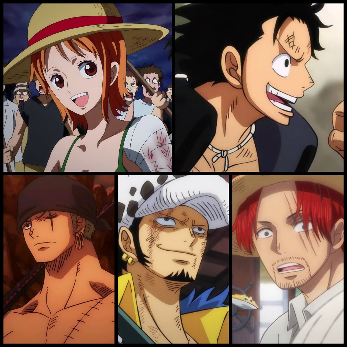 My Top 5 One Piece characters :

1. Nami  
2. Luffy
3. Zoro 
4. Law
5. Shanks