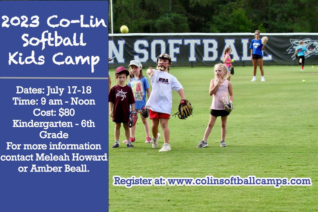 Don’t miss your chance to go camping with the National Champs! 

We have a camp available for all ages with our K-6 Kids Camp and our 7-12 grade Prospect Camp! 

Go to colinsoftballcamps.com to sign up today and secure your spot! 

#welcometowesson #winnerswearblue