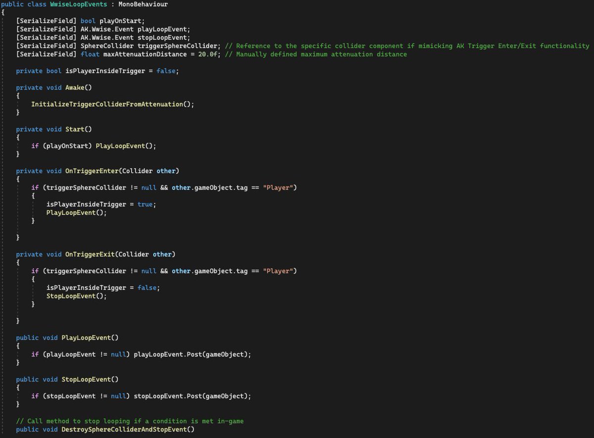 Here's a custom script I wrote for handling Wwise loop events within the Unity 3D Game Kit. I'll provide details in an upcoming implementation video.

gist.github.com/athiedmann/675…

#gameaudio #gameaudiotips #gameaudiodev #audiokinetic