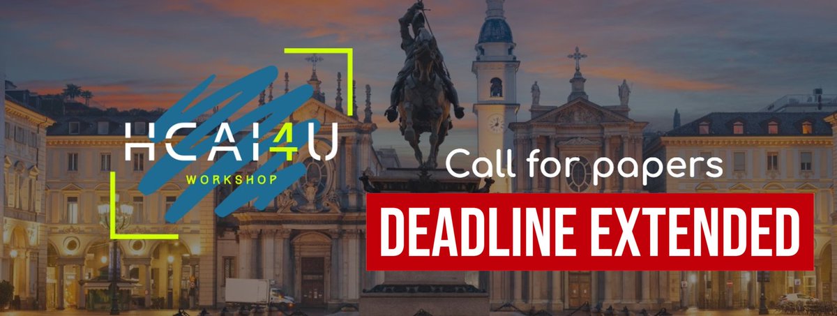 🚨 DEADLINE EXTENDED 🚨

Another week left to submit your work at #HCAI4U, co-located with @chitalyconf on Sept 20, 2023, in Turin, Italy.

New deadline: June 28, 2023.

Check out our website for details: sites.google.com/view/hcai4u2023

@erasmopurif11 @ernestowdeluca @ludovicoboratto