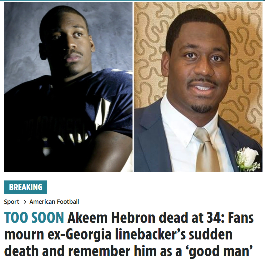 34 year old former Georgia Bulldogs linebacker Akeem Hebron died unexpectedly over the weekend on June 11, 2023

Cause of death unknown.

Young athletic men don't just drop dead at 34.

Don't let them normalize this.

#DiedSuddenly #cdnpoli #ableg