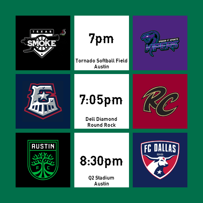 📅GAMEDAY📅

🥎 @thetexassmoke at 7pm (Home from Tornado Softball Field)
⚾️ @RRExpress at 7:05pm (Home from Dell Diamond)
⚽️ @AustinFC at 8:30pm (Home from @Q2Stadium)

#ATX #DefendThe512 #RRExpress #VERDE