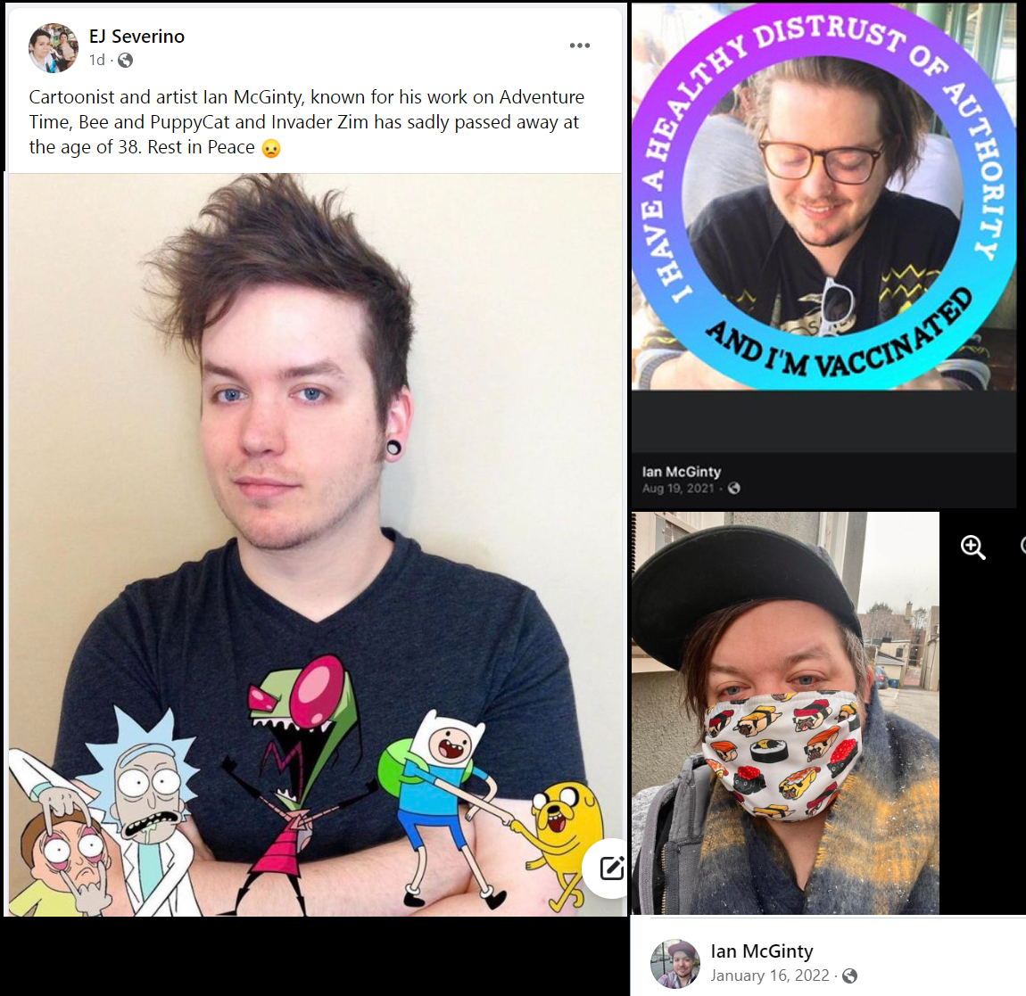 38 year old Cartoonist and artist Ian McGinty died suddenly on June 8, 2023.

McGinty's work includes comics for Invader Zim and Adventure Time

His obituary stated that he died of 'natural causes'.

Not 'natural' when you're COVID-19 mRNA vaccinated

#DiedSuddenly #cdnpoli…