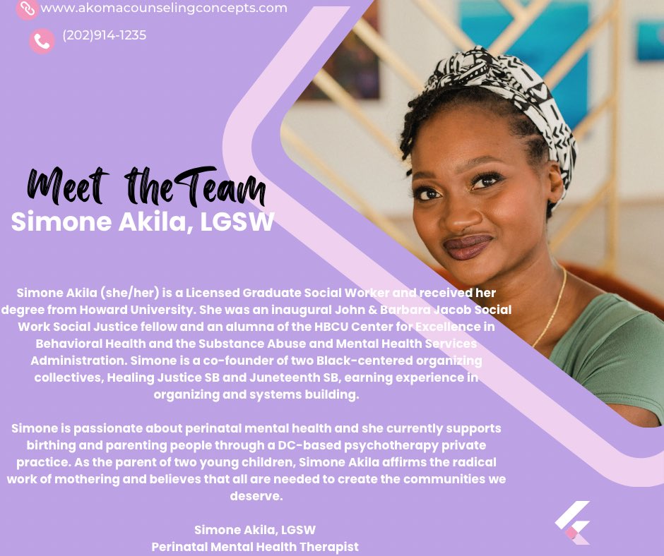 Excited to share with you our clinical mental health team.   We love to help reduce poor #BlackMaternalHealth statistics by providing culturally informed Perinatal #MentalHealth counseling to mothers of color in DC & MD.  We’re accepting new clients. Visit akomacounselingconcepts.com