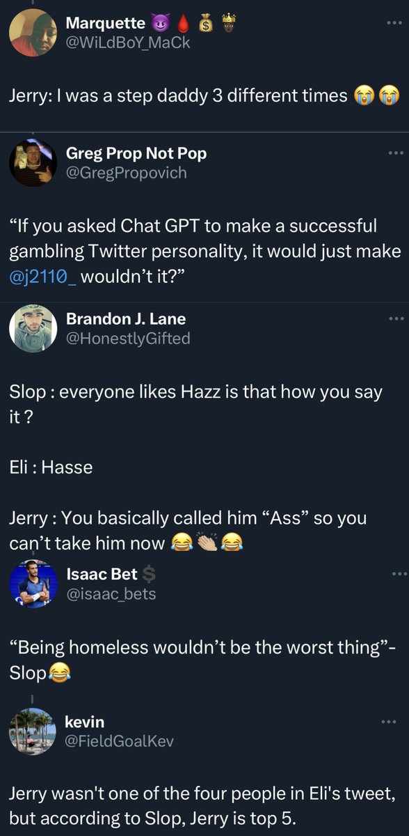 Winners

<a href="/WiLdBoY_MaCk/">Marquette 😈🩸💰🤴🏿(HURTS IS QB1)🦅🦅</a> 
<a href="/GregPropovich/">Greg Prop Not Pop</a> 
@HonestlyGifted 
<a href="/isaac_bets/">Isaac Bet💲</a> 
<a href="/FieldGoalKev/">kevin</a> 

<a href="/j2110_/">Boston Celtics Boston Red Sox</a>