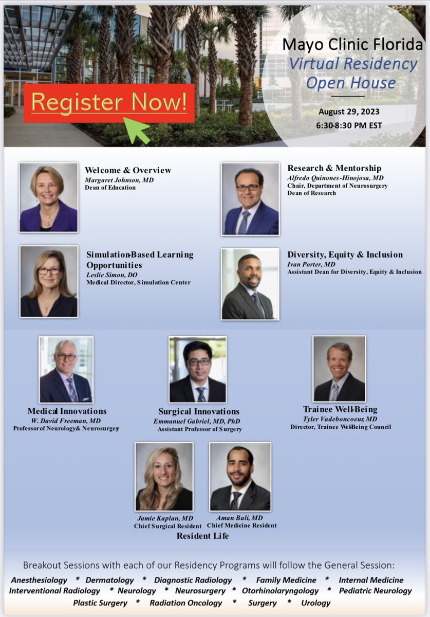Join us August 29th at our Virtual Residency Open House and learn  more about residency training at Mayo Clinic Florida!
#MayoClinicFlorida
#Residency
#Match2024 

Register today at the link below:

mc-meet.zoom.us/meeting/regist…