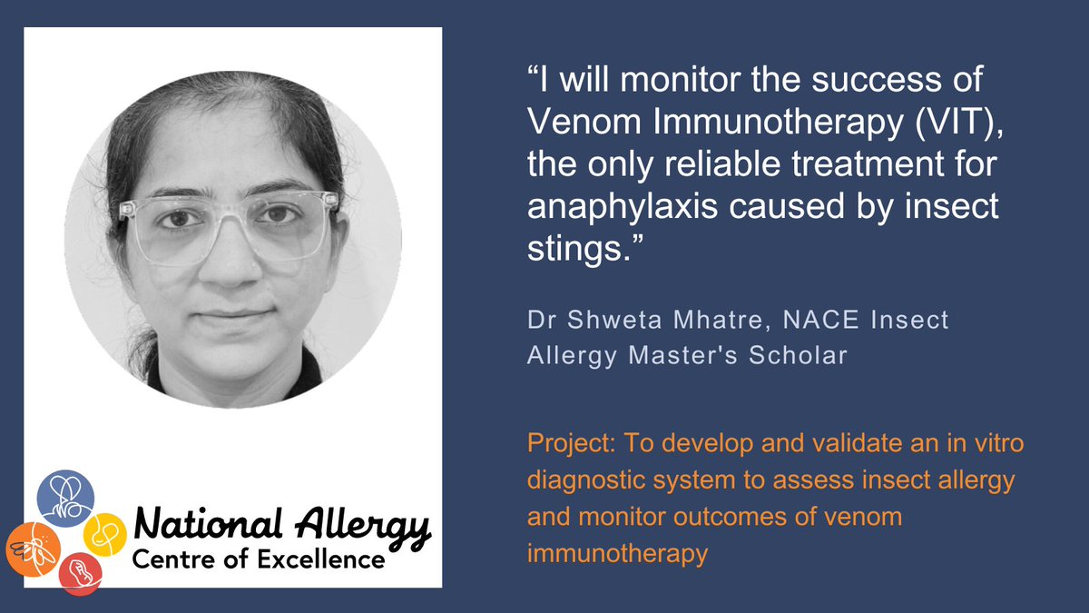 NACEresearch's tweet photo. Meet Dr Shweta Mhatre | NACE #InsectAllergy Master’s Candidate.
Dr Mhatre's project will monitor Venom Immunotherapy for insect sting anaphylaxis. Based at @UniofAdelaide, her supervisor is A/Prof Pravin Hissaria.
📲 https://t.co/pd7SMeHYIU
#WorldAllergyWeek @worldallergy https://t.co/345WeeIGgQ