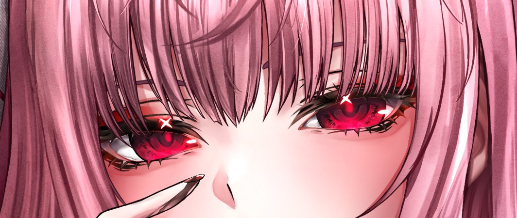 mori calliope 1girl solo pink hair eye focus red eyes close-up bangs  illustration images