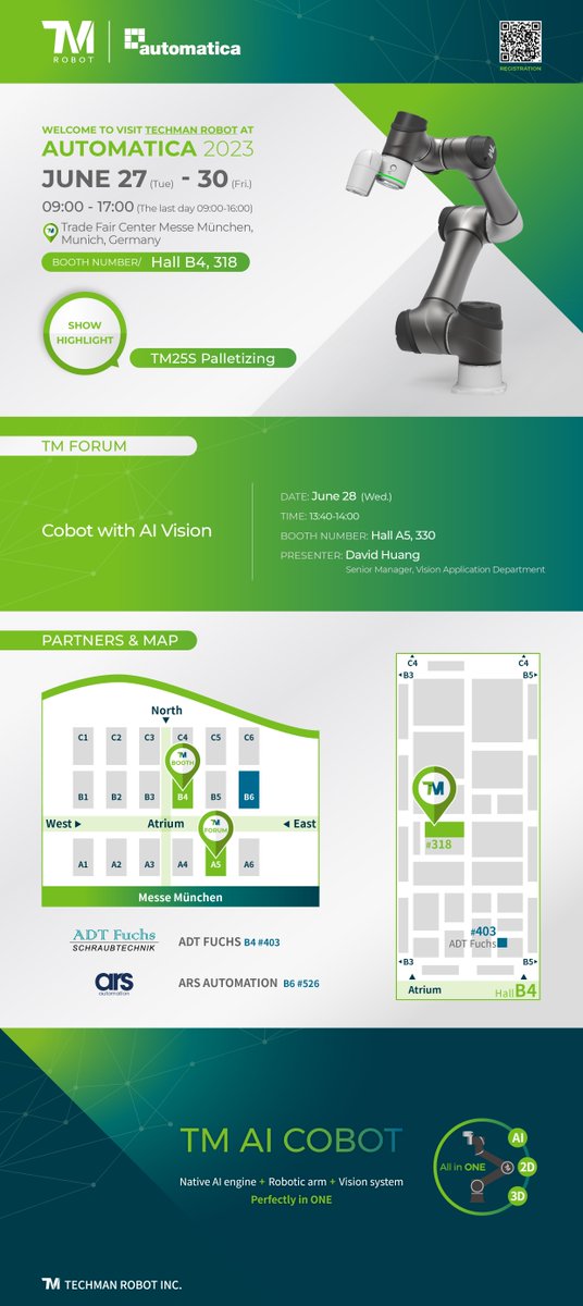techmanrobot's tweet image. Plan to visit Techman Robot&apos;s booth at #Automatica2023 and discover a diverse range of vision application demos, featuring Palletizing, AI vision, and welding!
🗓️  Date ￨ June 27 (Tue.) – 30 (Fri.)
⏰ Time ￨ 09.00-17.00 (The last day -16:00)
👥 Location ￨ Hall B4, 318, München