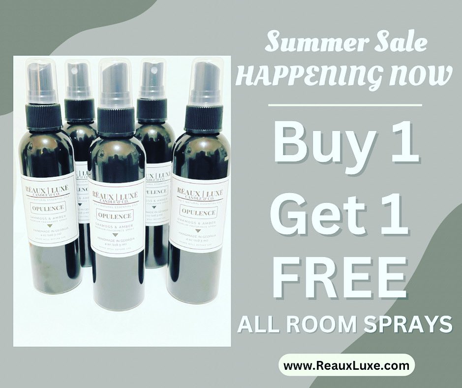 🌞Soak up the summer vibes with our sizzling sale! 🔥🛍️ 

Dive into refreshing scents and elevate your space with our all-natural essential oils room sprays. 🌿🌺 

With our buy one, get one free offer, your summer sanctuary just got twice as fabulous! 💫 ReauxLuxe.com