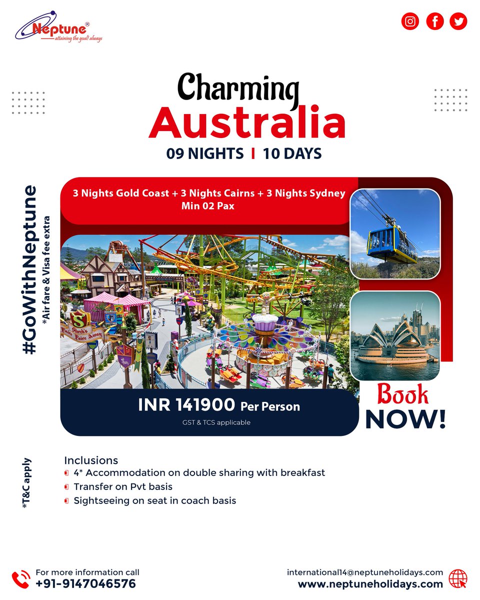 gowithneptune's tweet photo. #GoWithNeptune for a charming Australian Adventure of 9N10D covering some of the unique tourist destinations this time! #TourismAustralia #goldcoast #sydney #australia #cairns #australianholiday #triptoaustralia #Neptune @TourismAus https://t.co/SSKIimebkG