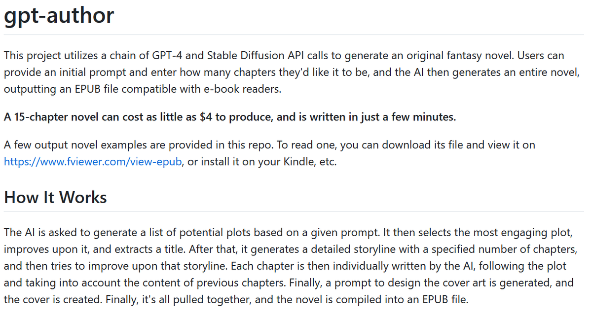 An early glimpse of the AI Content Apocalypse:

GPT-Author creates a mediocre short book based on a premise, makes cover art, and gives it to you in a format can be listed directly on Amazon. github.com/mshumer/gpt-au…

Here's a bit from the sample, "Requiem of Shadows and Whispers"