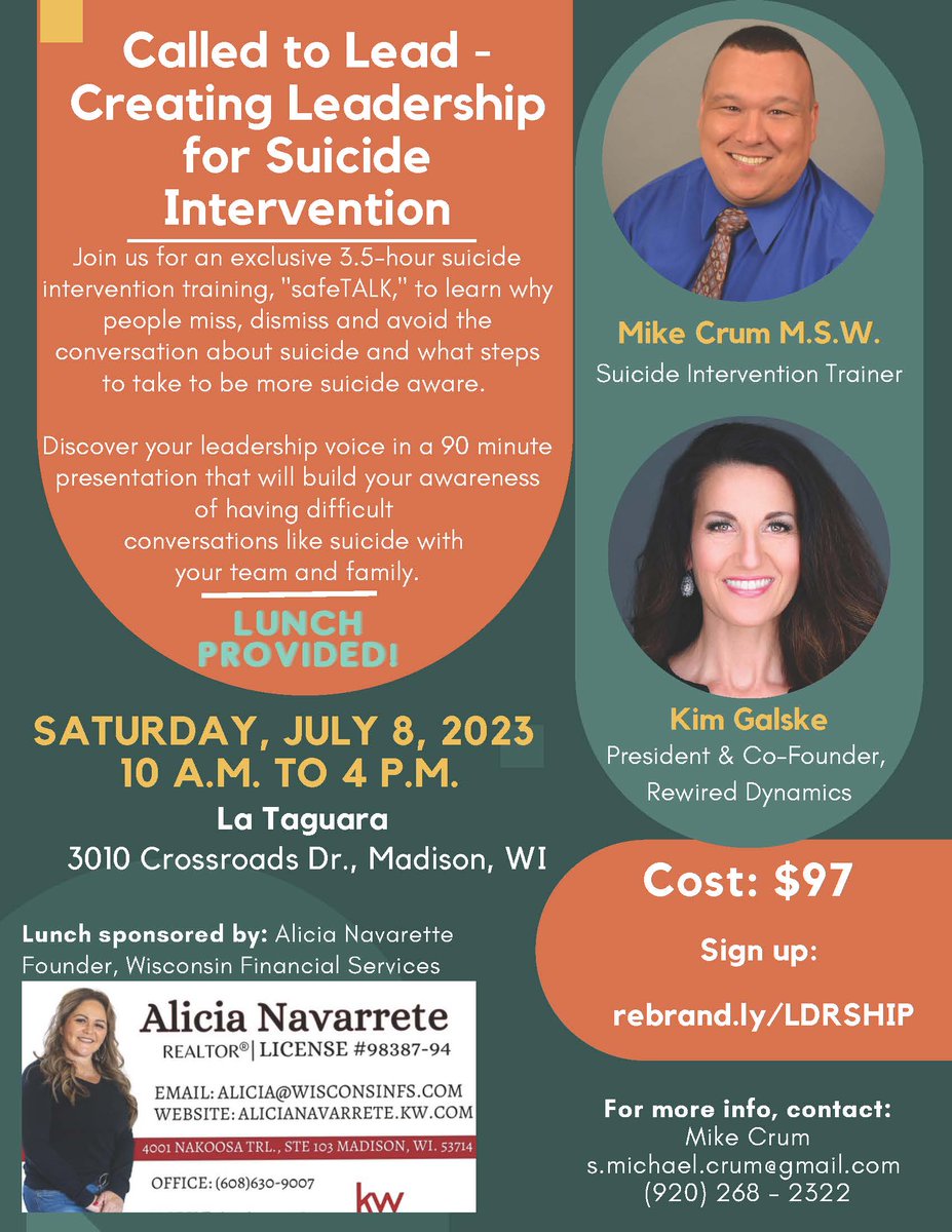 usmcmike1978's tweet photo. Creating Leadership for Suicide Intervention! Join me in my first workshop to discuss why we miss, dismiss, and avoid the conversation about suicide and how to build your leadership voice to be more suicide aware! 

#SuicideAwareness 
#Madison
#LeadwithCollaboration https://t.co/dw0pg9jjUw