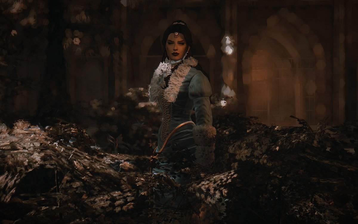 Saskia in a 1870 blue natural form gown. #Skyrim #SkyrimMods #Victorian #gown