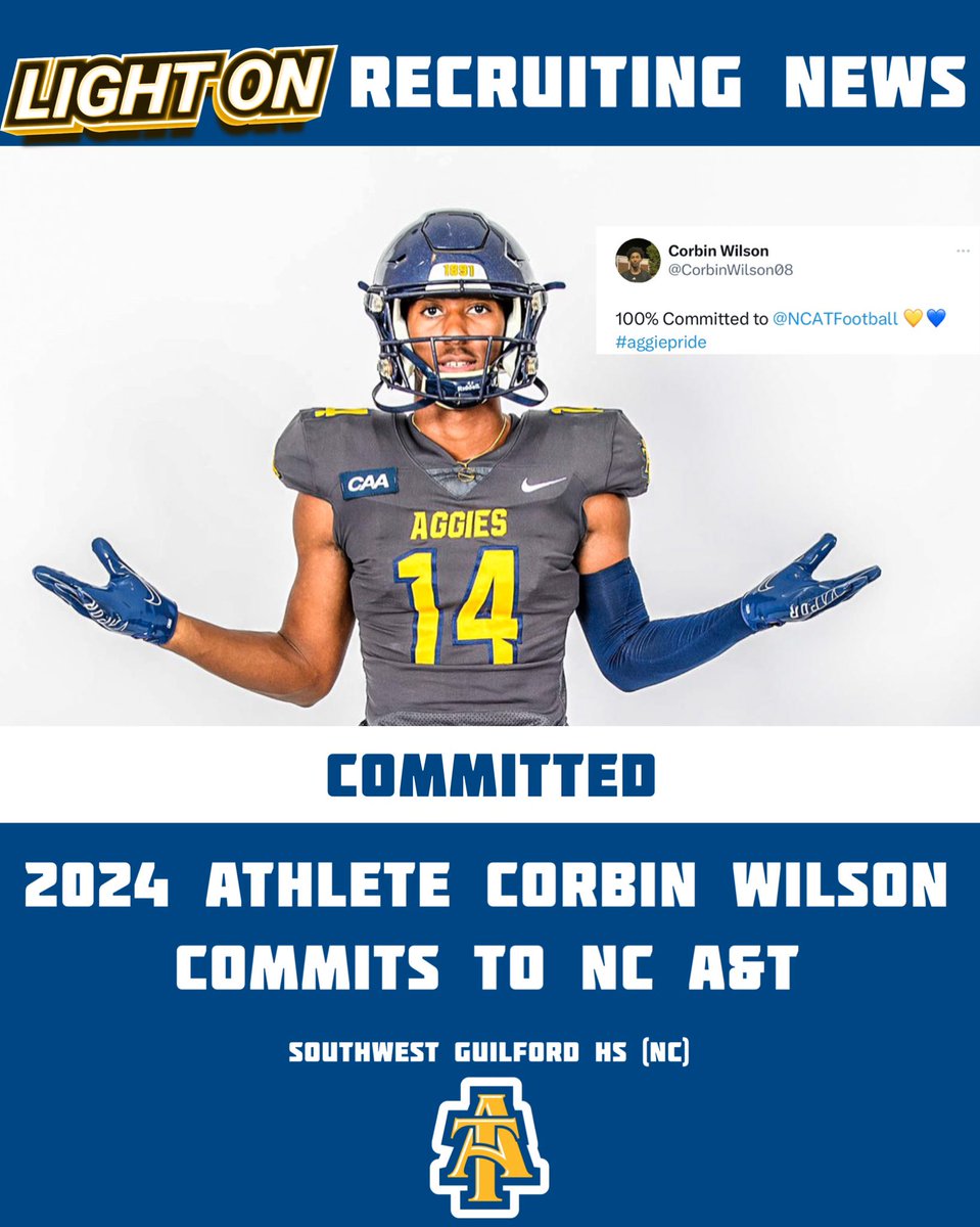 NC A&T lands a commitment from 2024 athlete Corbin Wilson. 🔵🟡

@CorbinWilson08 

#AggiePride @NCATFootball