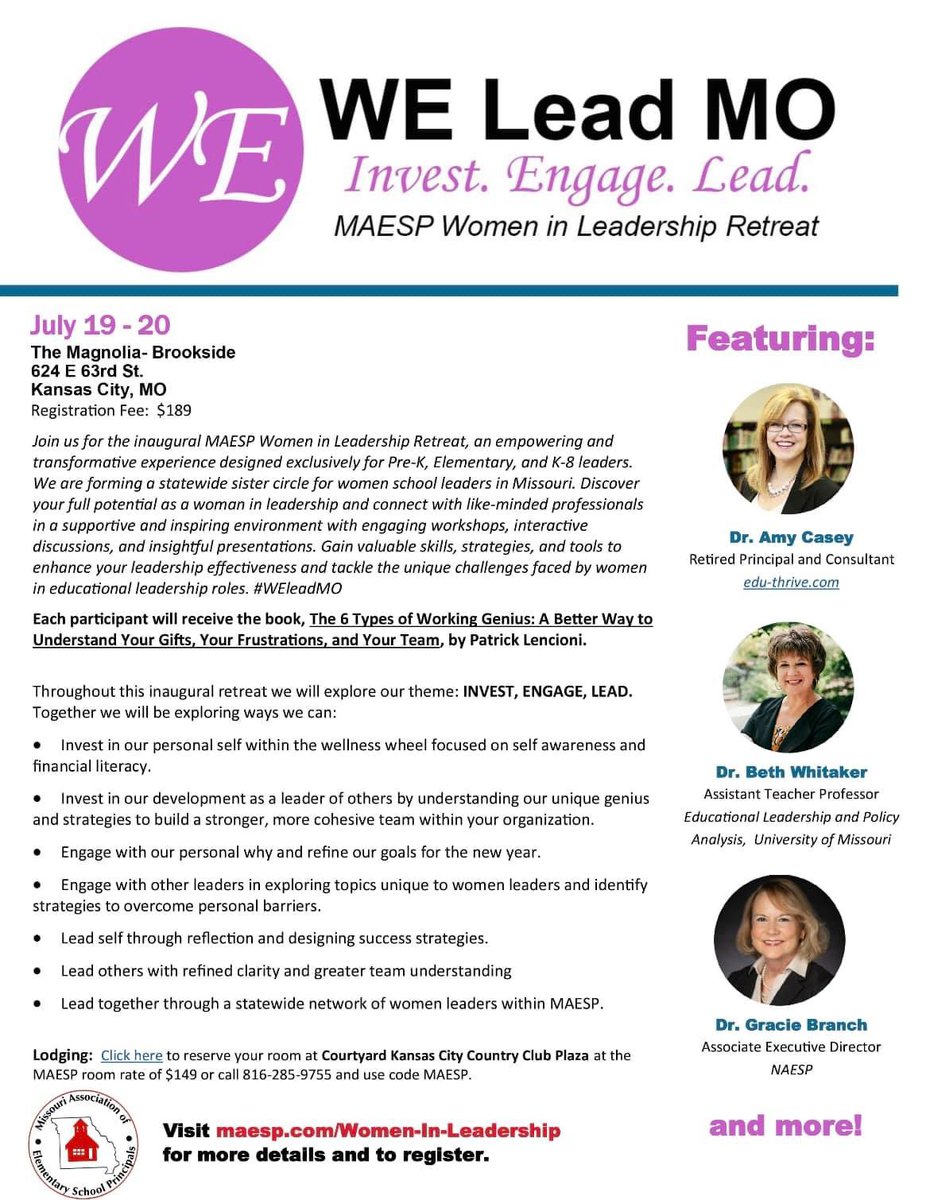 Join us for MAESP’s inaugural women’s summer retreat. Take this opportunity to invest in yourself, engage with others and lead as your best self. 
Sign up here: maesp.com/Women-in-Leade…. 
Together #WELeadMO @MoAESP