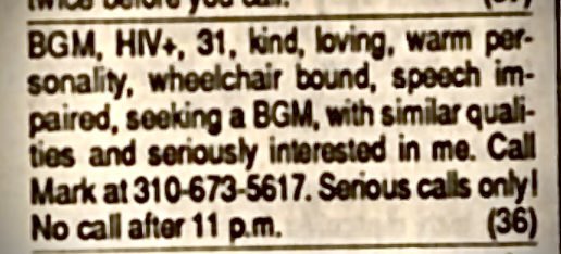 Black Gay Man seeks same. I hope he found the partner he was looking for 

Source: BLK, Vol 4 No 3 - c. 1990s
#lgbtqhistory #gaydating #bipoc #queer #disabled #hivpositive