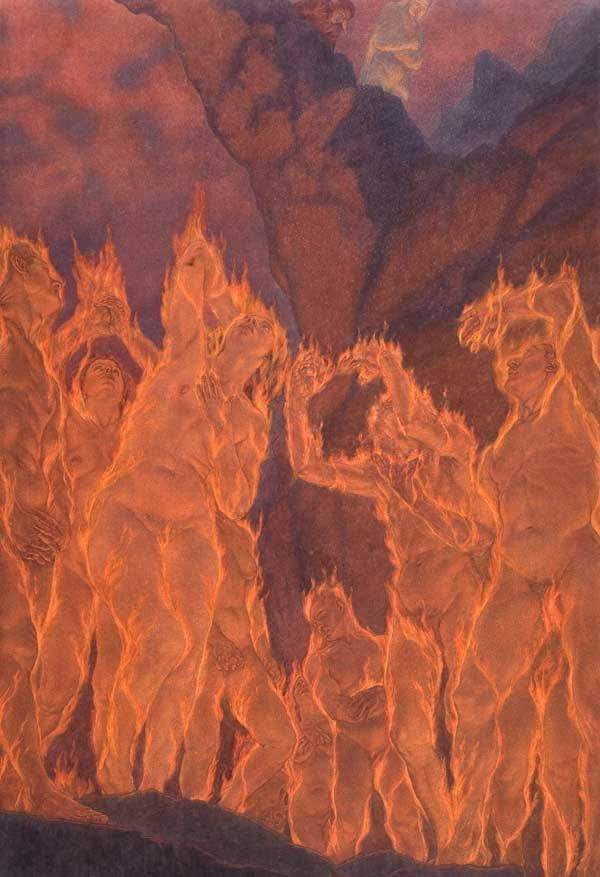 Inferno Canto 26, The burning souls of fraudulent counselors - Amos Nattini, 1923.

#art #dante #scritturebrevi #arte #twitart #painter #divinacommedia #inferno #ulisse