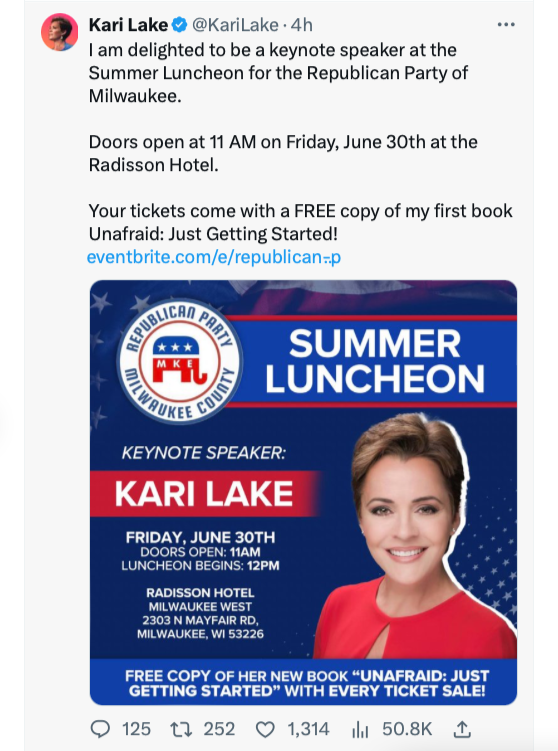 Kari Lake has done nothing for the GOP. She has won no elections. She has implemented no policies. She volunteered for Obama. She lamented Clinton's loss. Her only claim to fame is losing to Katie Hobbs. So why exactly is she a keynote speaker for anything related to the GOP?