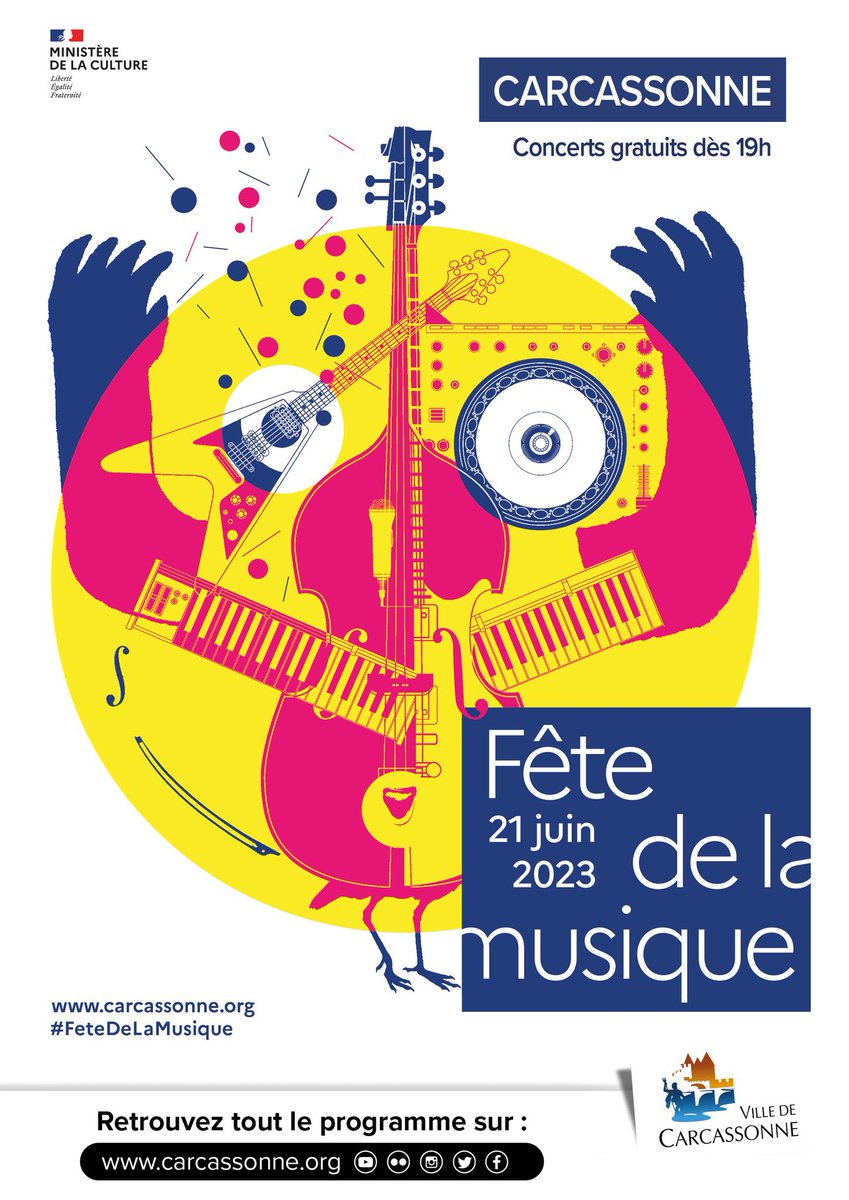 🎼Ce mercredi 21 juin, venez fêter la musique à #Carcassonne 🎸

🎤Rock, rap, jazz, musique du monde, piano… de nombreux styles seront représentés pour vous plonger dans une ambiance festive dans toute la ville ! 🕺
▶️Programme:
carcassonne.org/agenda-manifes…

#FDLM #FeteDeLaMusique