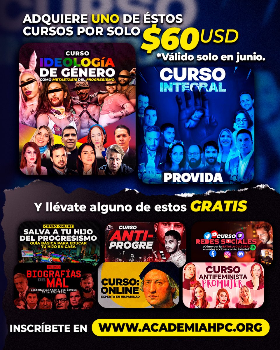 HpcAcademia's tweet photo. 📍 Aprovecha esta gran promoción que tenemos por el mes de junio. Adquiere el curso “Ideología de Género” o el curso “Integral Provida” cada uno a sólo 60 USD y podrás elegir cualquier otro curso COMPLETAMENTE GRATIS.
https://t.co/qiXoqgwae3 https://t.co/1kwRXIXKrc