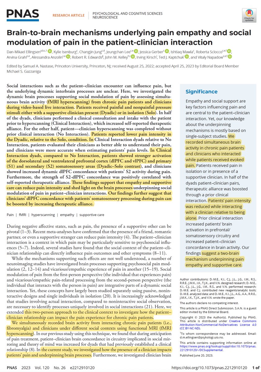 Eric Topol (@erictopol) on Twitter photo "Our findings suggest a two-brain mechanism underpinning pain empathy and supportive care."
Functional brain MRI and perception of pain by patients, with or without clinicians present
pnas.org/doi/full/10.10… <a href="/PNASNews/">PNASNews</a> <a href="/VitalyNapadow/">Vitaly Napadow</a> <a href="/dmellingsen/">Dan-Mikael Ellingsen</a> "Our findings suggest a two-brain mechanism underpinning pain empathy and supportive care."
Functional brain MRI and perception of pain by patients, with or without clinicians present
pnas.org/doi/full/10.10… <a href="/PNASNews/">PNASNews</a> <a href="/VitalyNapadow/">Vitaly Napadow</a> <a href="/dmellingsen/">Dan-Mikael Ellingsen</a>