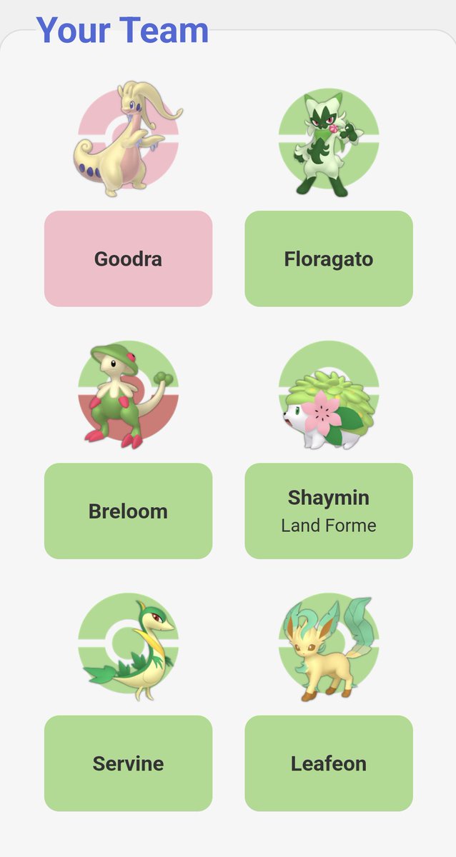 c_pawz's tweet photo. Built my own gym trainer!✨💖Personally, I would have chosen fairy or dragon type but the quiz gave me grass, so I tried my best to stick just stick with grass type pokémon I liked. I couldn't help but add Goodra to the mix though. 😊✨ Goodra is my most favorite pokémon!! ✨💖 https://t.co/el0F8rl7rK