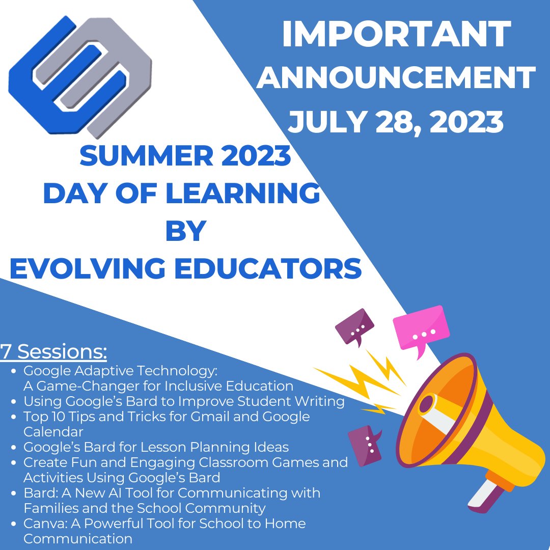 It's coming...
... EE Summer of 2023...
DAY OF LEARNING

July 28, 2023

1 Day = 7 sessions
Registration opens on 6/21/23
Sessions listed in visual

Tell a friend!!
#ISTELive23 #ISTEChat #ISTE2023 #satchat #sunchat #k12 #PD