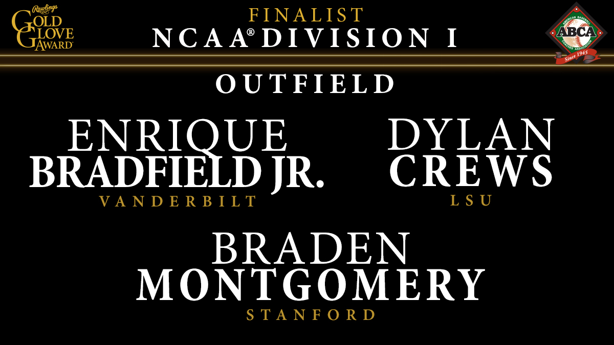 RawlingsSports's tweet photo. The 2023 Rawlings Division I Gold Glove Award Finalists - Outfield: Enrique Bradfield Jr., Dylan Crews, Braden Montgomery, Ethan O'Donnell, Colby Shade, Nathan Humphreys

@ABCA1945 https://t.co/AEXhJB3IQP