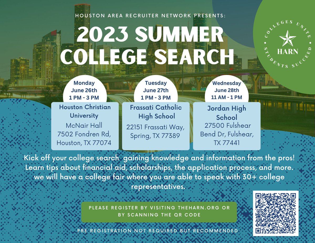 We are 1 week away from the HARN Summer College Search event. Don't miss your opportunity to speak with in-state, out-of-state, public, &amp; private colleges &amp; universities all FOR FREE! Registration is not required but highly recommended shorturl.at/cltTY