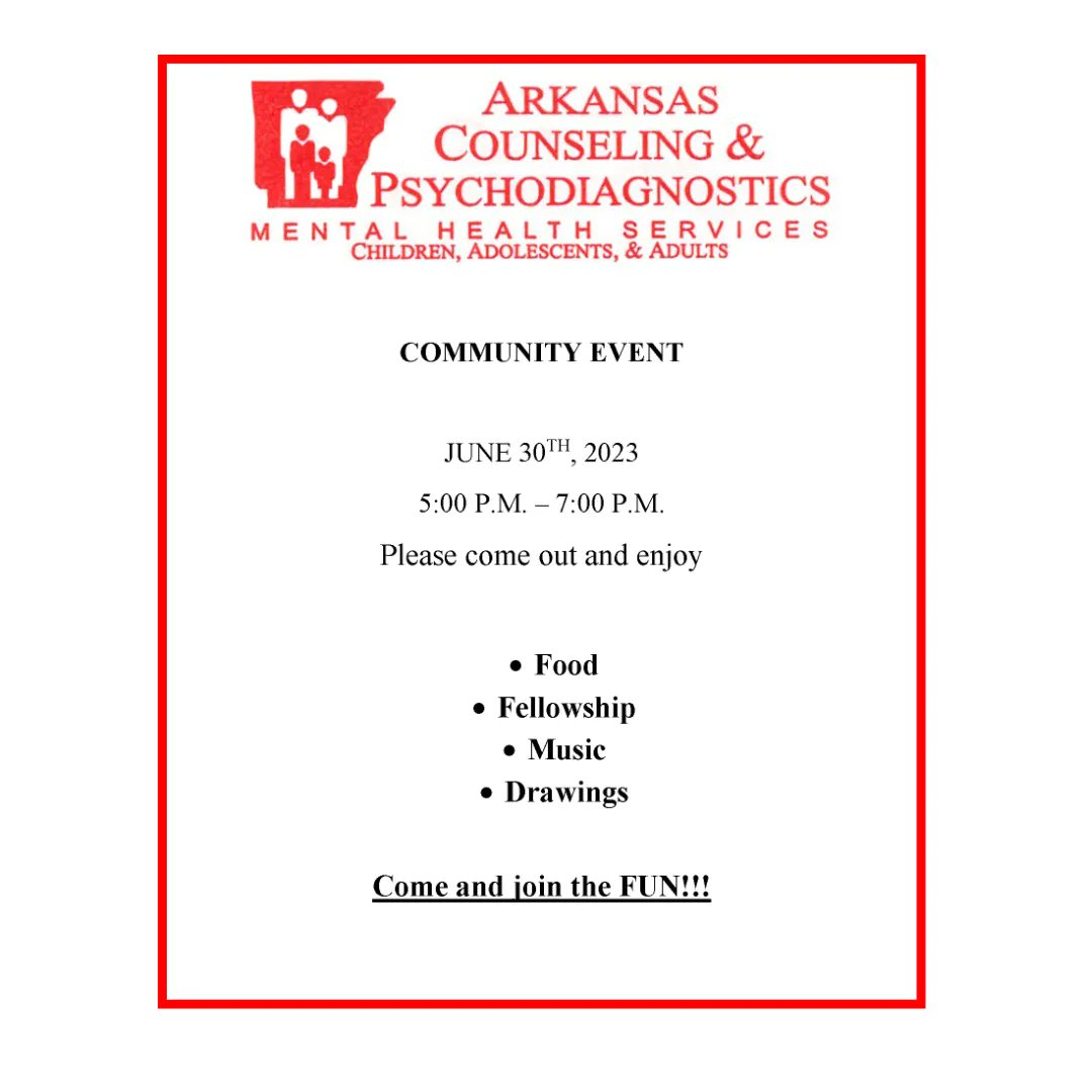 Join Arkansas Counseling & Psychodiagnostics at 5:00 p.m. on June 30th for food, fellowship, music, and drawings! This event is for the entire community. 🎊

#ClarkCounty #Events