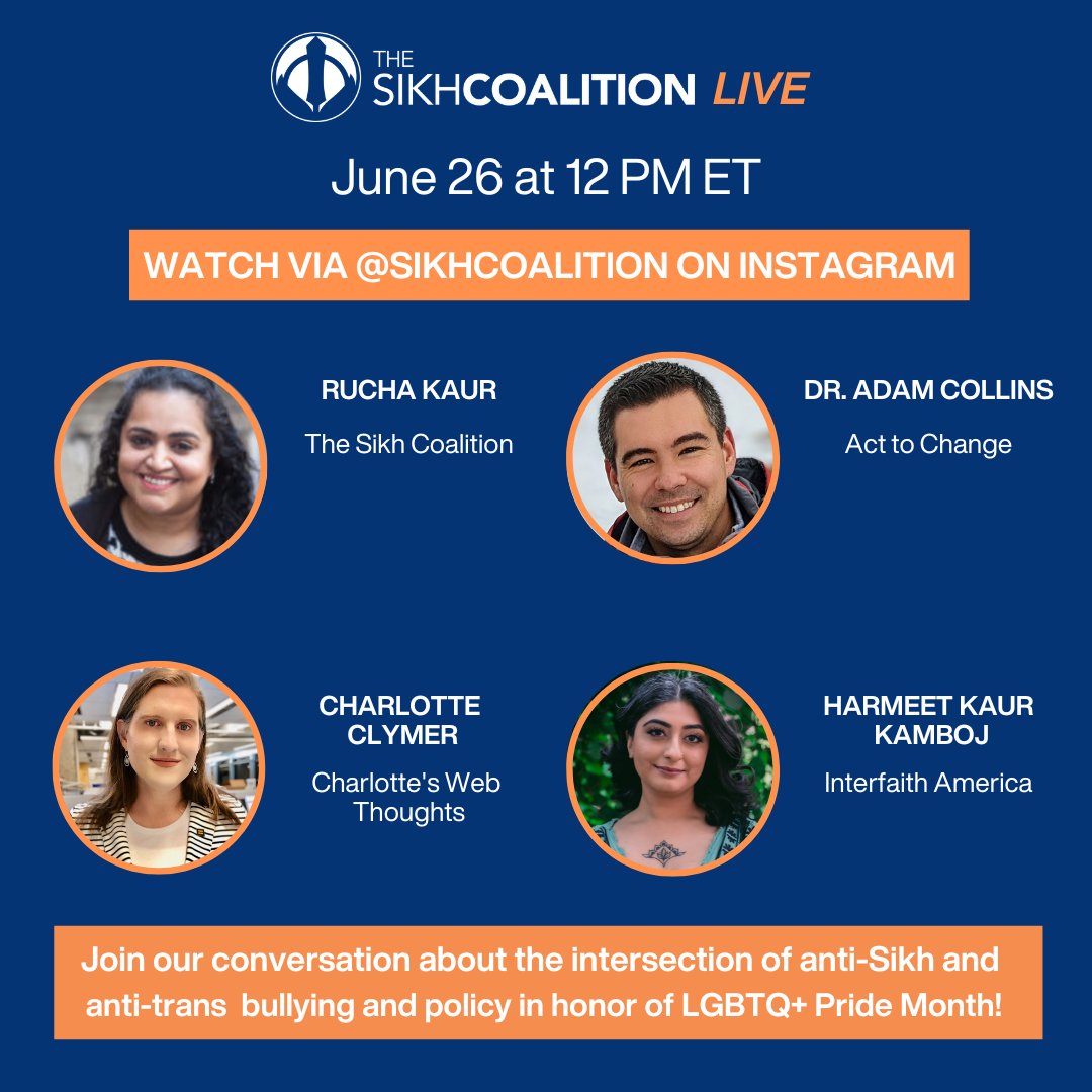 sikh_coalition's tweet photo. Next Monday, on June 26, join our Instagram live at 12 PM ET where we will be speaking about the intersection of anti-Sikh and anti-trans bullying and policy in honor of LGBTQ+ Pride month! https://t.co/xEEPrkR9wn