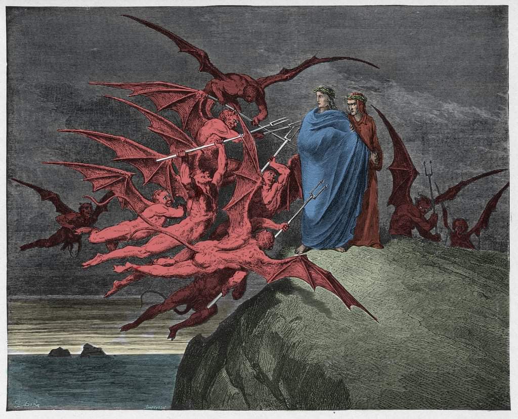 Inferno Canto 21, Malacoda - Gustave Doré, 1866.

#dante #divinacommedia #inferno #scritturebrevi #art #twitart