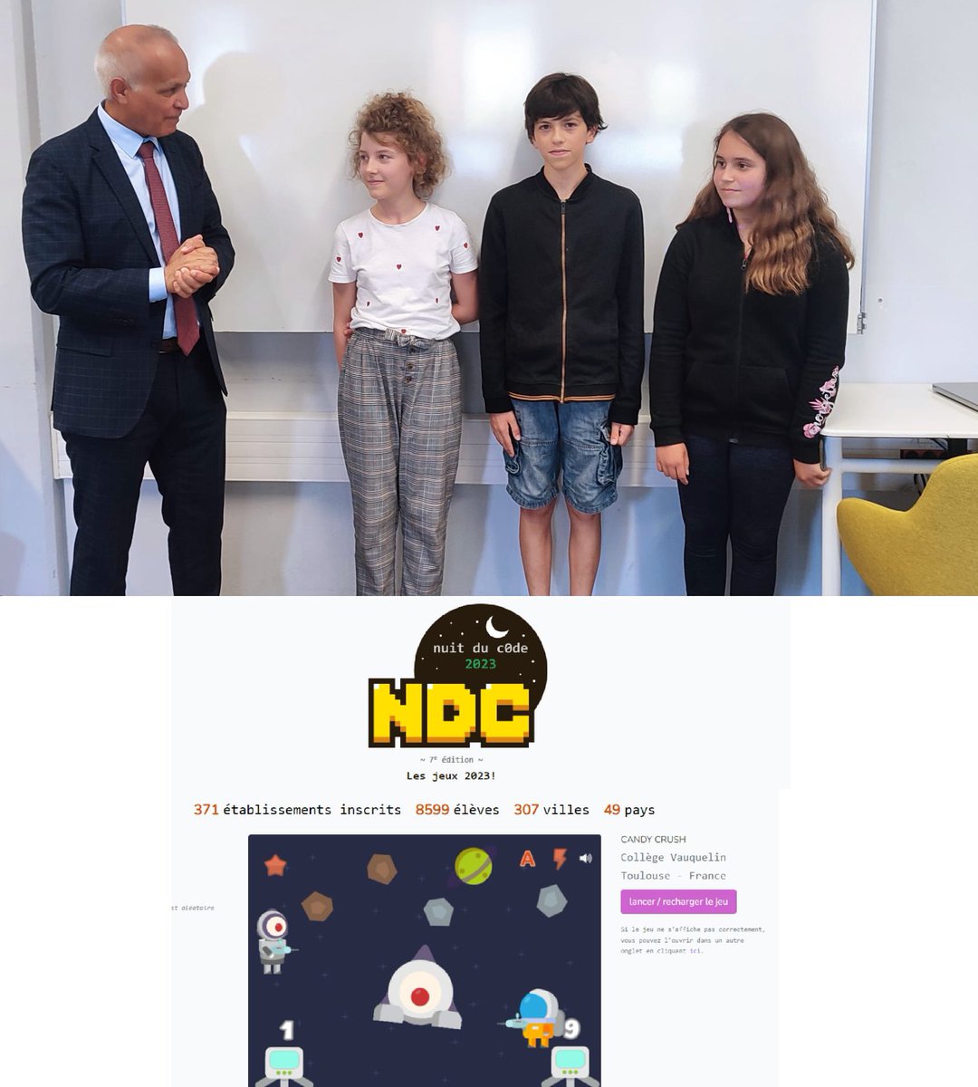 Collège Vauquelin (@colgvauquelin) on Twitter photo Du numérique responsable au numérique créatif et ludique(jeu)
Bravo aux 3 élèves de 6eme lauréats de la compétition internationale « Nuit du code ». Un des 8 projets.Félicitations de <a href="/MostafaFourar/">Mostafa Fourar</a> à Jeanne, Clarisse et Noé. Merci aux équipes.<a href="/leclercarno/">Arnaud Leclerc</a> <a href="/InfoTlse/">AcTlseInfo</a> <a href="/AcTlseMaths/">AcTlseMaths</a> Du numérique responsable au numérique créatif et ludique(jeu)
Bravo aux 3 élèves de 6eme lauréats de la compétition internationale « Nuit du code ». Un des 8 projets.Félicitations de <a href="/MostafaFourar/">Mostafa Fourar</a> à Jeanne, Clarisse et Noé. Merci aux équipes.<a href="/leclercarno/">Arnaud Leclerc</a> <a href="/InfoTlse/">AcTlseInfo</a> <a href="/AcTlseMaths/">AcTlseMaths</a>