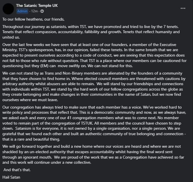 KeketBonnet's tweet photo. An entire 41 congregation members voting to leave TST in the UK in the wake of Lucien's recent behaviour.  Big HAIL SATAN to that. 🤘 

It speaks volumes.

@LucienGreaves @satanic_temple_

#TheSatanicTemple #TST #TSTUK #TheSatanicTempleUK https://t.co/oKdlW8v81e