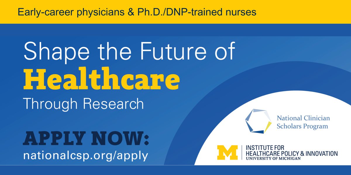 U-M IHPI (@um_ihpi) on Twitter photo 🚨 There are just few weeks left to apply to join the 2024-26 cohort of <a href="/NationalCSP/">National CSP</a> <a href="/ncspMICHIGAN/">Nat’l Clinician Scholars Program at U-M IHPI</a>! 🚨
MDs, DOs, & RNs with a doctoral degree who are interested in conducting research to inform #healthpolicy & practice should submit applications by 7/17: nationalcsp.org/apply 🚨 There are just few weeks left to apply to join the 2024-26 cohort of <a href="/NationalCSP/">National CSP</a> <a href="/ncspMICHIGAN/">Nat’l Clinician Scholars Program at U-M IHPI</a>! 🚨
MDs, DOs, & RNs with a doctoral degree who are interested in conducting research to inform #healthpolicy & practice should submit applications by 7/17: nationalcsp.org/apply