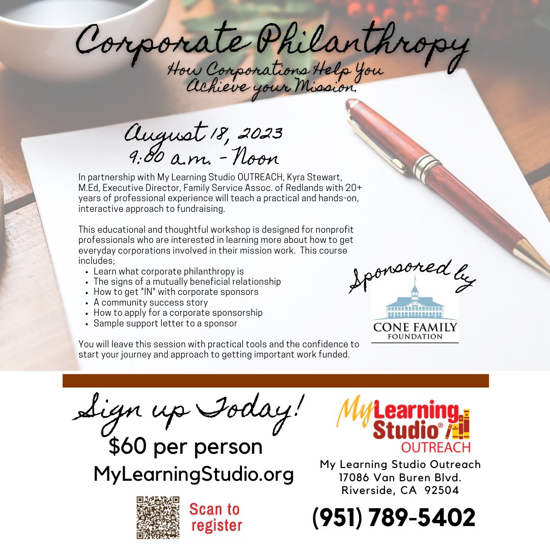 My_Learn_Studio's tweet image. Let My Learning Studio Corporate Philanthropy workshop help nonprofit professionals involve corporations in their mission work!
(951) 789-5402
17086 Van Buren Blvd, Riverside, CA 92504
MyLearningStudio.org
#philanthropy #fundraising #nonprofit #professional #corporate