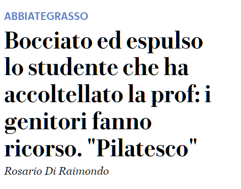 RobertoBurioni's tweet photo. Uno studente sedicenne accoltella una sua insegnante quasi uccidendola. La scuola decide la sua espulsione e la sua bocciatura. I genitori, invece di sotterrarsi dalla vergogna, fanno ricorso al TAR a favore del loro figliuolo.
In questa notizia è riassunta l'Italia del 2023. https://t.co/K7oJdWc0Ts