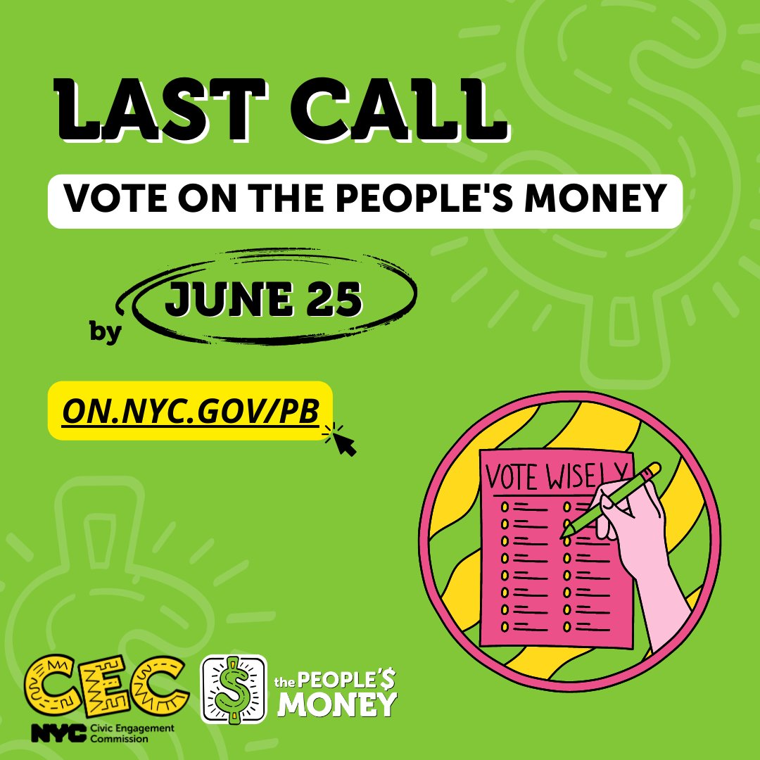 This is is! Today is the LAST day to vote in #ThePeoplesMoney, NYC's first-ever citywide #ParticipatoryBudgeting process! ALL New Yorkers 11 and older can decide how to spend part of the city budget. VOTE: on.nyc.gov/pb

@nyccec #ThePeoplesMoney #VotePB #PBinNYC